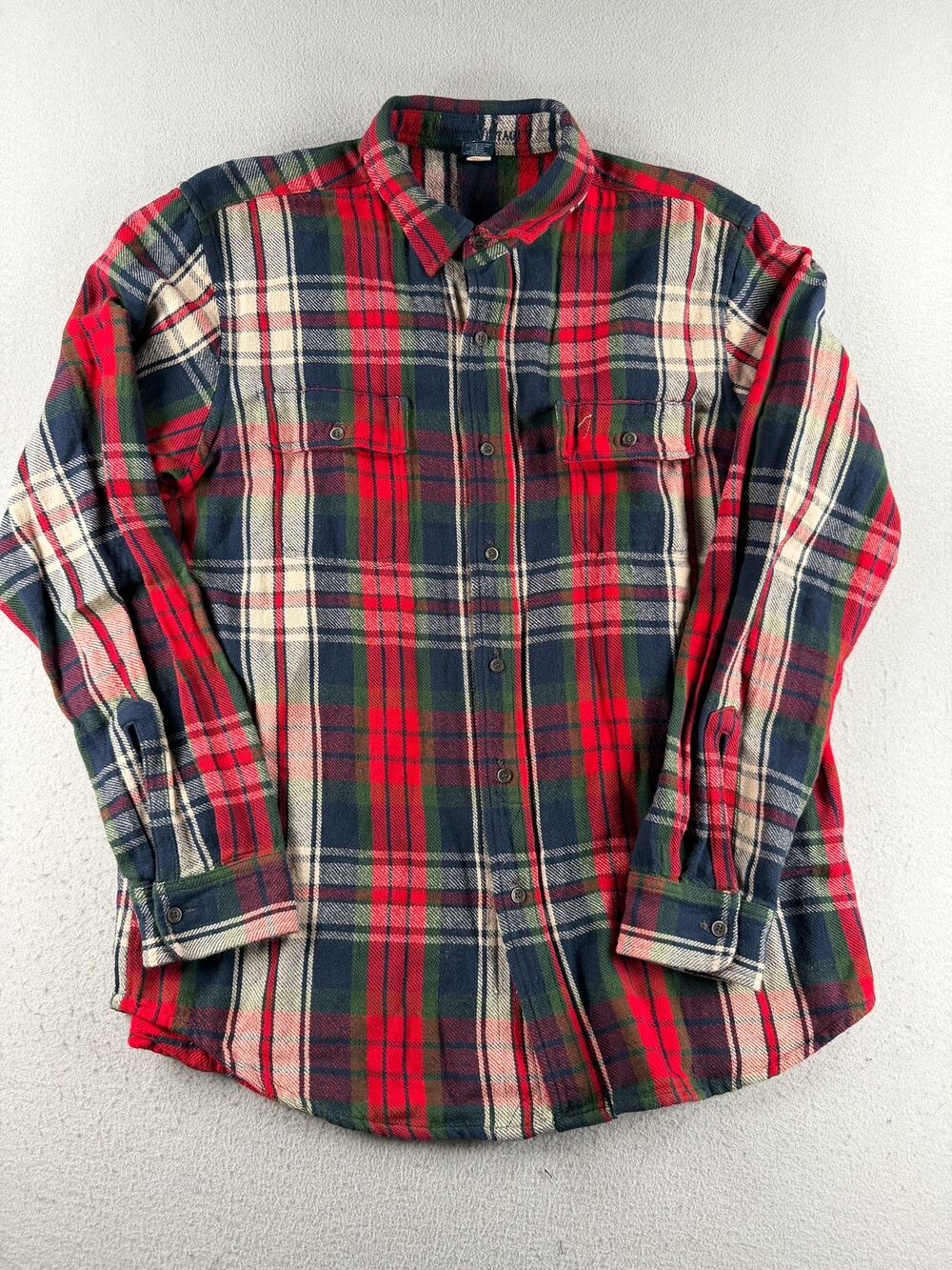 Tailor Vintage Men's L Heavyweight Plaid Flannel Shirt 100% Cotton Red Navy